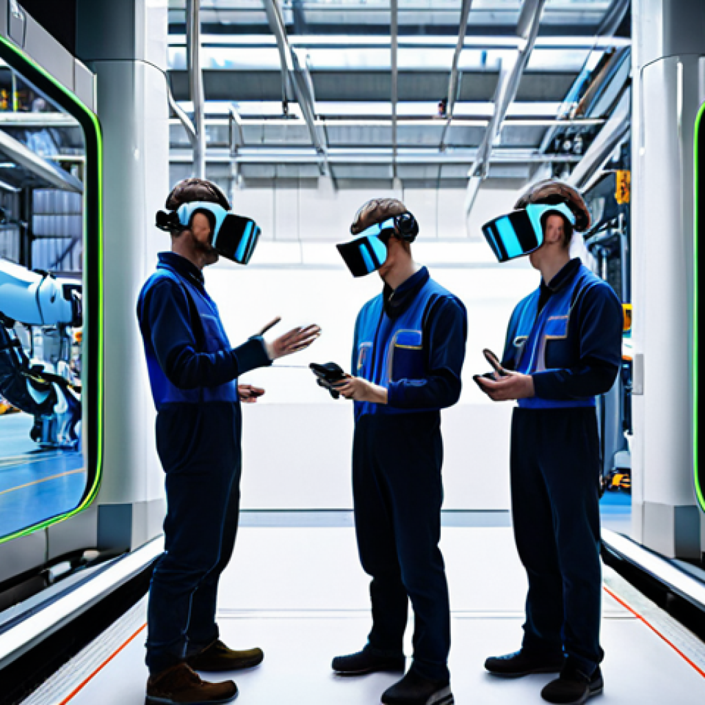 **Prompt:** A futuristic factory floor with engineers wearing augmented reality headsets overlaid with digital twin data of complex machinery. The scene emphasizes collaborative robotics, human-machine interaction, and real-time data visualization, illustrating the future of machine design. Include German engineers and safety signage in German.