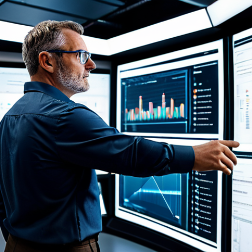 Home 8 A professional German mechanical engineer, male, in his 40s, wearing a modest business casual shirt and trousers. He stands confidently in a futuristic industrial control room, interacting with large holographic displays that show complex data visualizations related to machine safety parameters, AI-driven risk assessments, and sensor outputs. The background features sleek, modern equipment and clean interfaces, emphasizing innovation in machine safety and Industrie