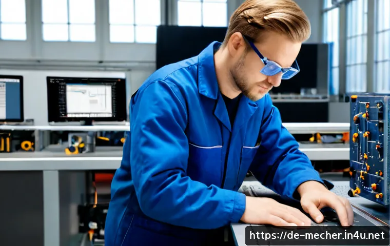 기계설계와 CAD 활용 사례 - Photorealistic mechanical engineer in a clean modern German manufacturing workshop, wearing safety g...